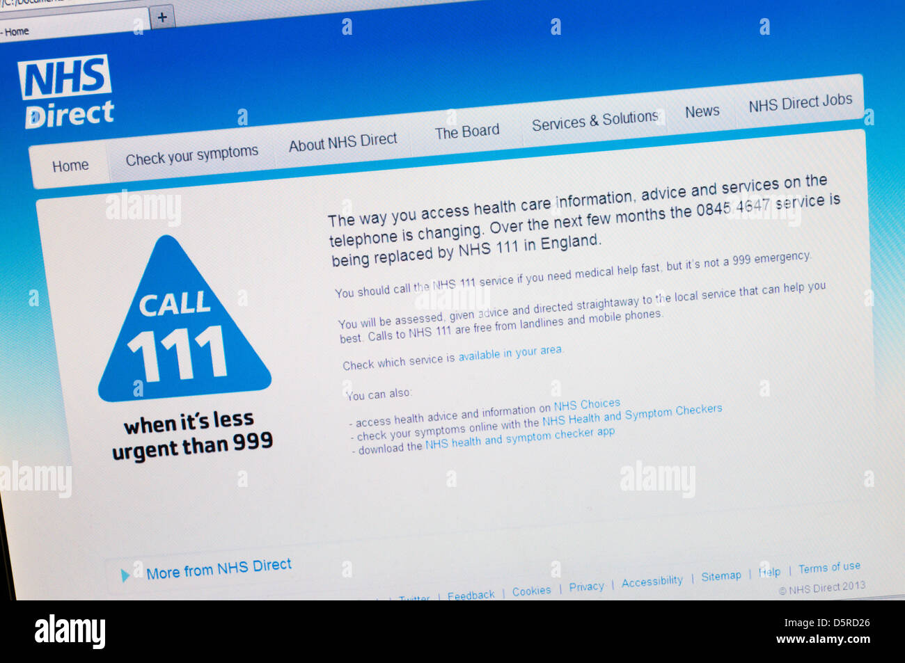 La home page di NHS Direct per promuovere l'uso di 111 per non urgenti chiamate di emergenza al servizio sanitario. Foto Stock