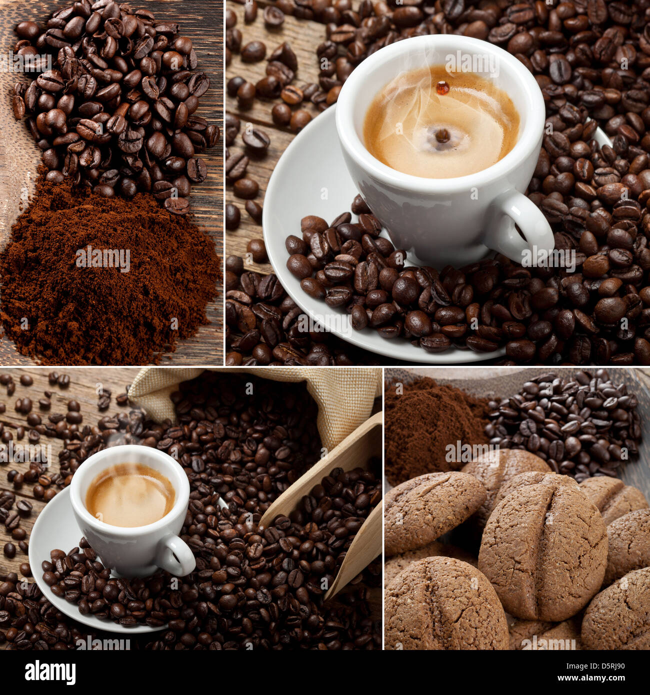 Collage di caffè con macchina per espresso e caffè in grani Foto Stock