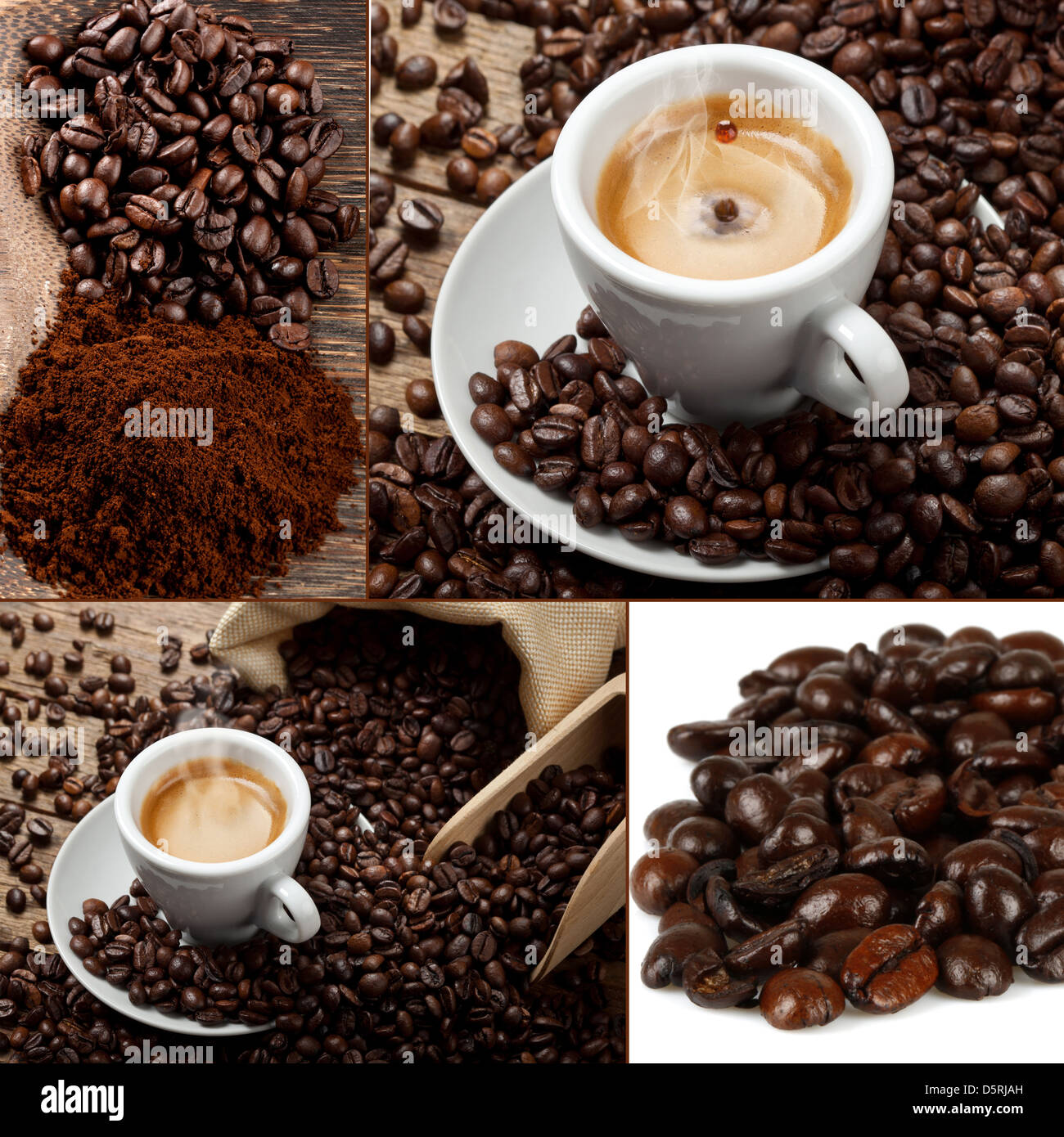 Collage di caffè con macchina per espresso e caffè in grani Foto Stock
