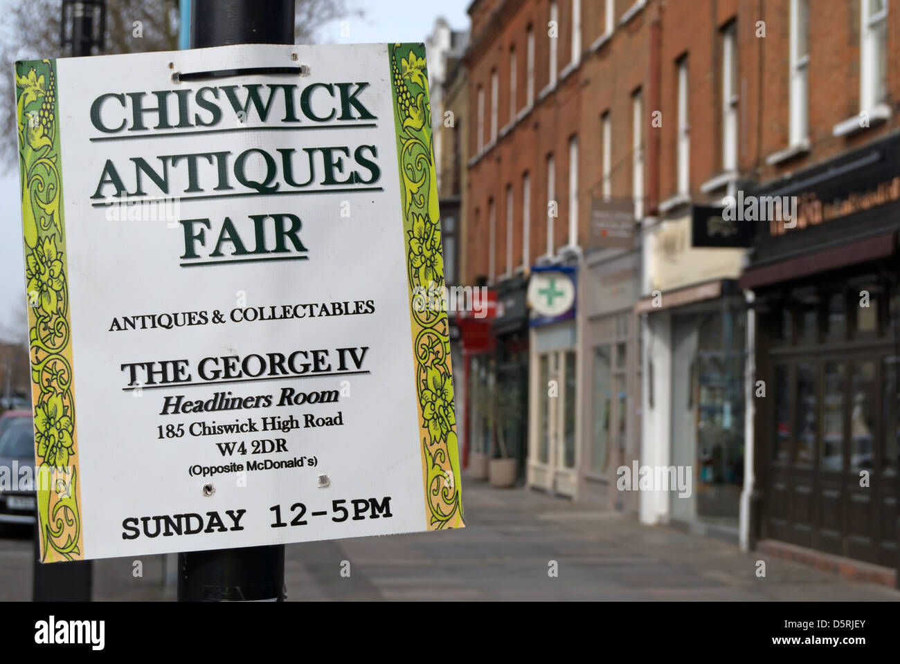 Poster per la chiswick fiera antiquaria, Chiswick, Londra, Inghilterra Foto Stock