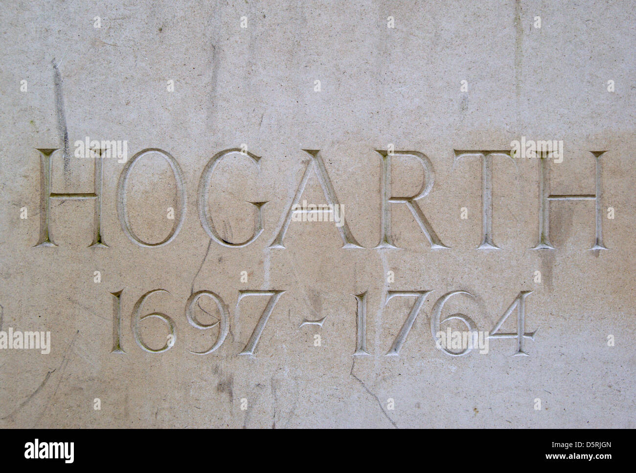 Iscrizione su jim mathieson della statua di William Hogarth, Chiswick, Londra, Inghilterra Foto Stock