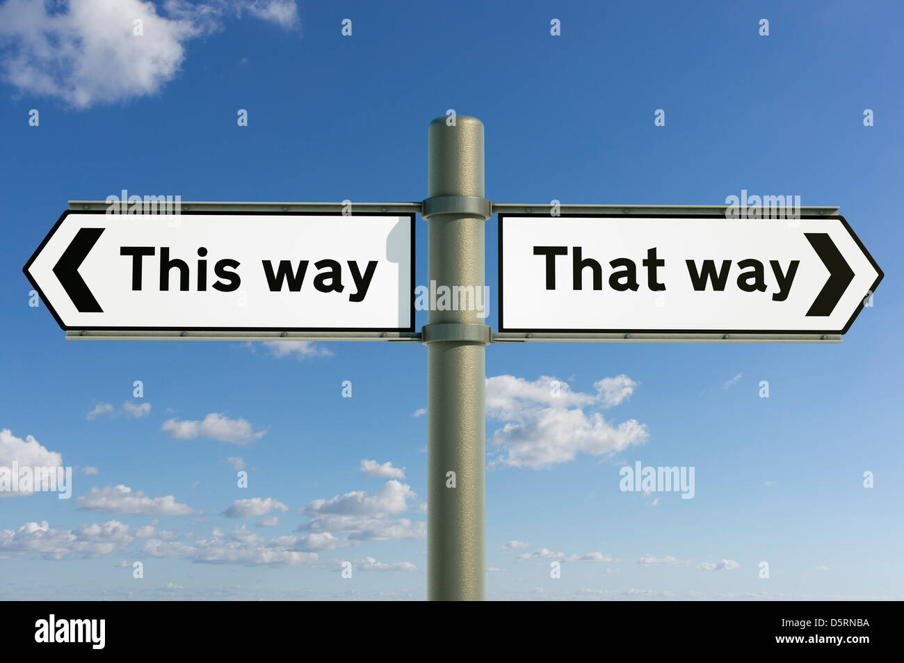 In questo modo, in questo modo le scelte della vita le direzioni, le decisioni il concetto firmano Foto Stock