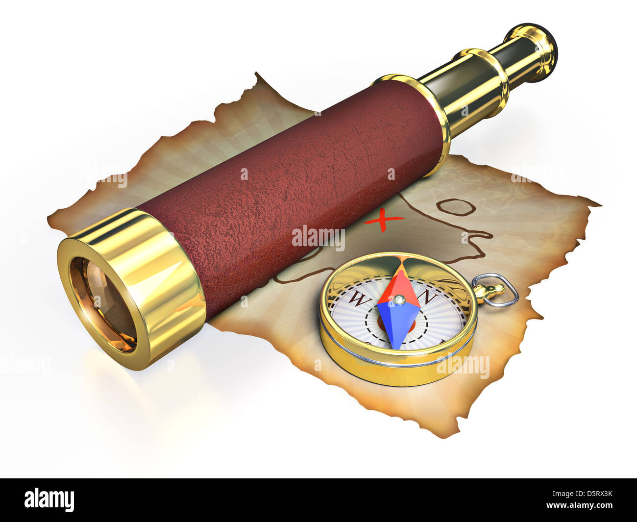 Bussola, il cannocchiale e mappa vecchia su sfondo bianco Foto Stock