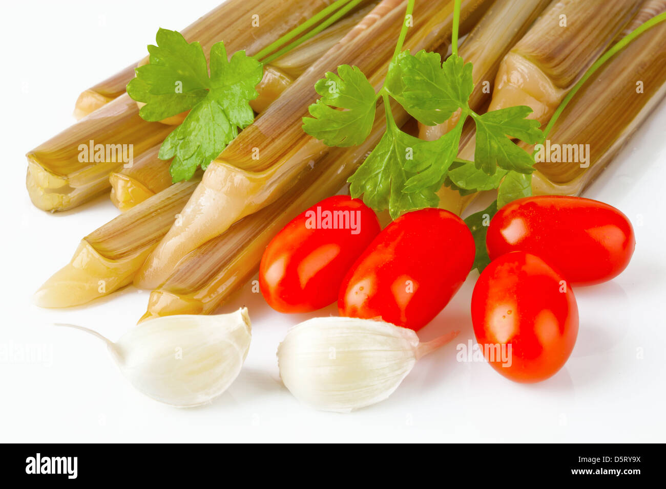 Ensis siliqua con pomodori, aglio e prezzemolo e sfondo bianco Foto Stock