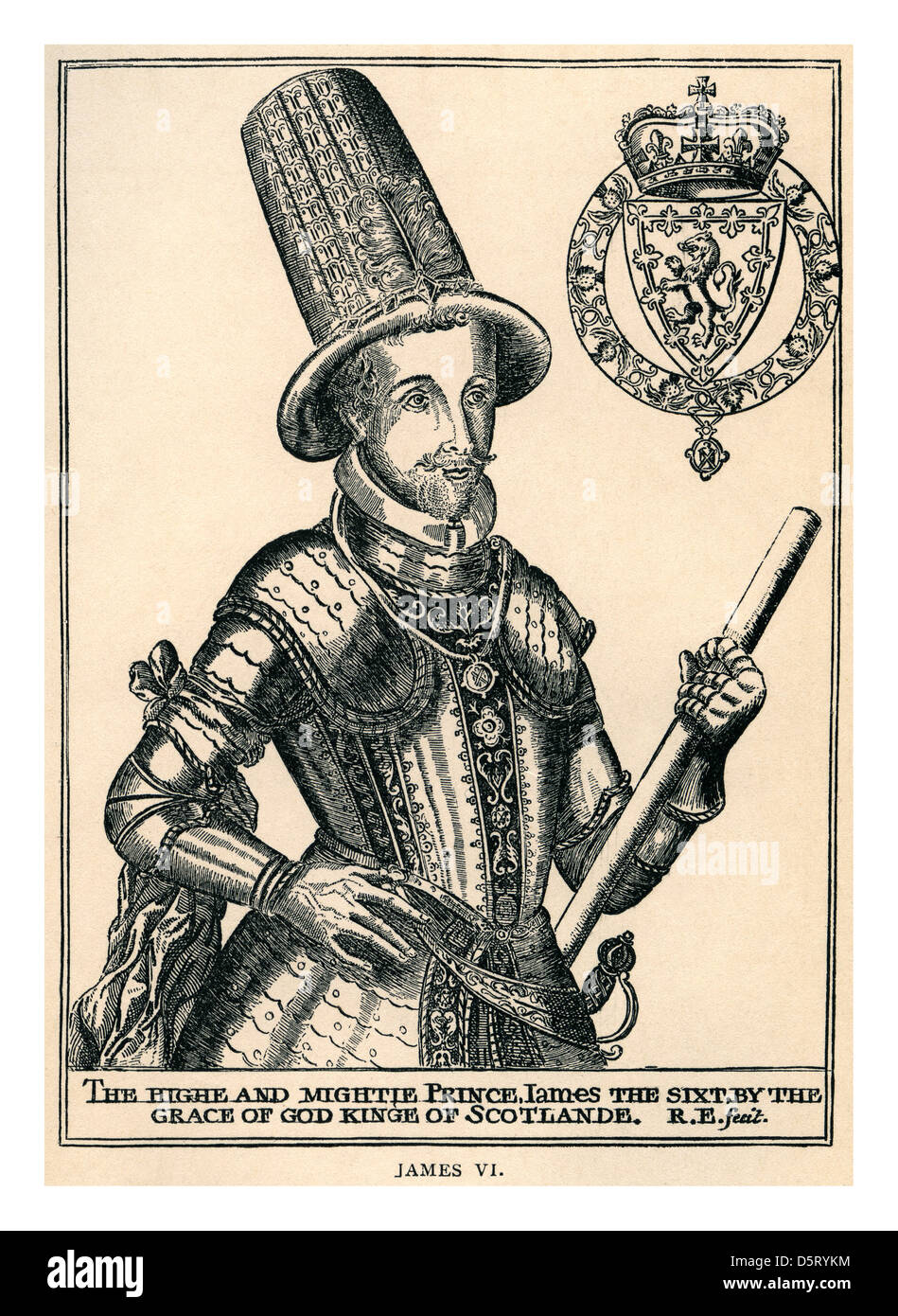 Linea precoce etch ritratto di Giacomo I d'Inghilterra Giacomo VI di Scozia in armatura e alto cappello (19 giugno 1566 - 27 Marzo 1625) Foto Stock