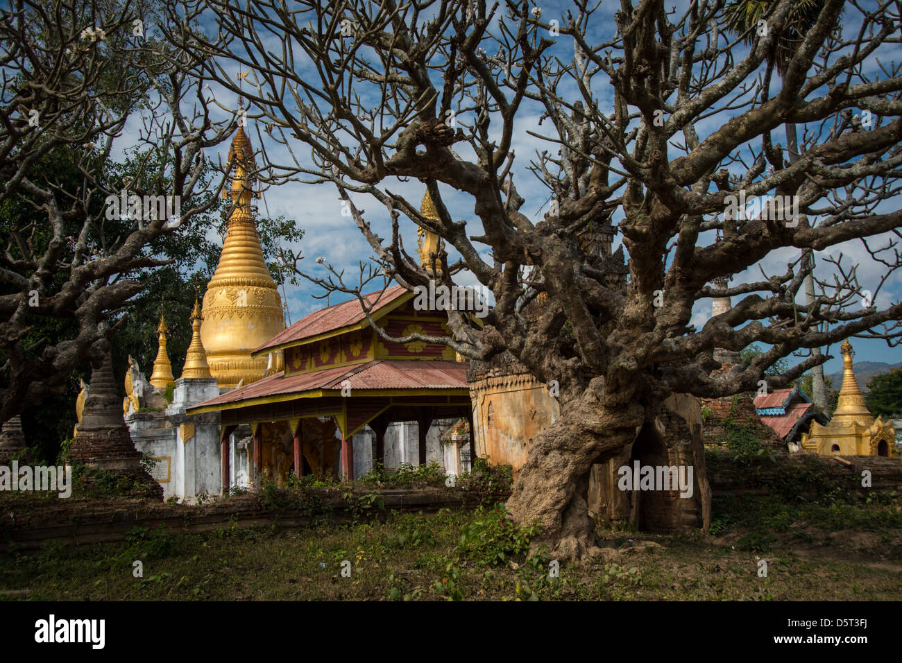 Antico tempio buddista e gli stupa lungo il Lago Inle. Foto Stock