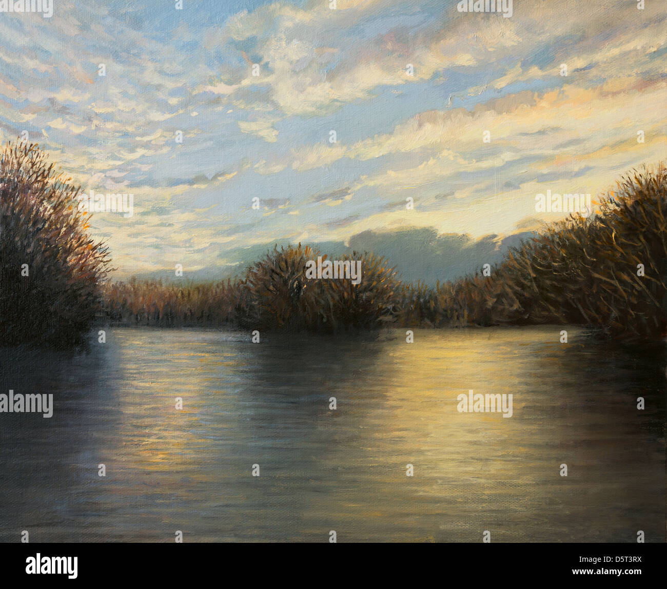 Un dipinto ad olio su tela di un tranquillo lago paesaggio illuminare dagli ultimi raggi di sole di una luminosa giornata autunnale. Foto Stock