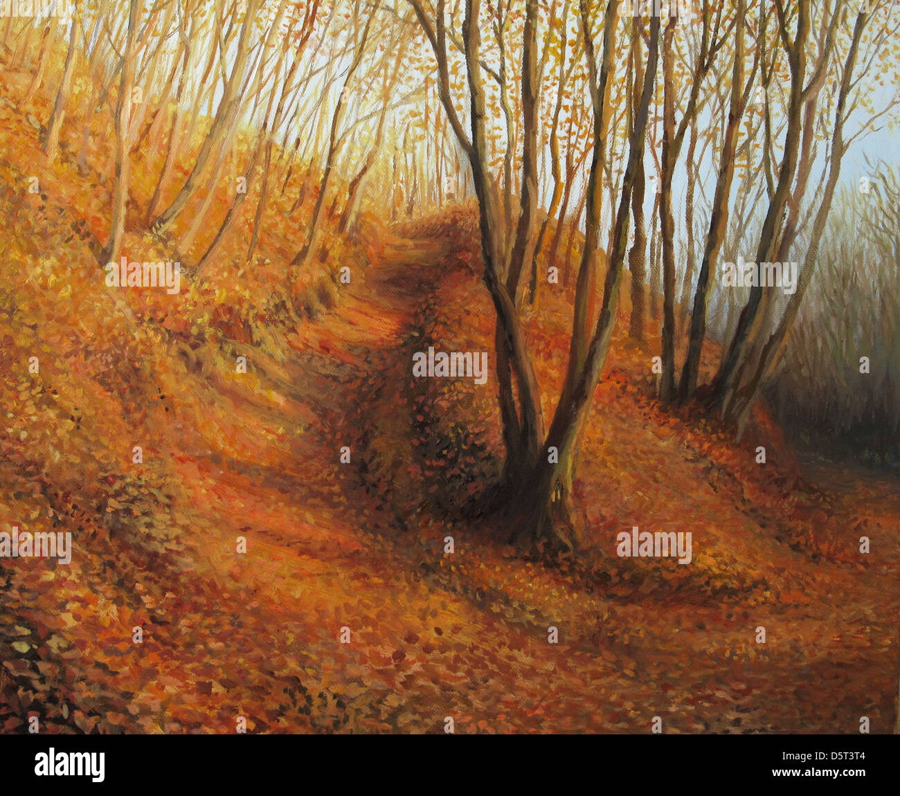 Un dipinto ad olio su tela di un silenzioso pomeriggio autunnale in un colorato foresta con un tappeto di colore rosso arancio e giallo di foglie. Foto Stock
