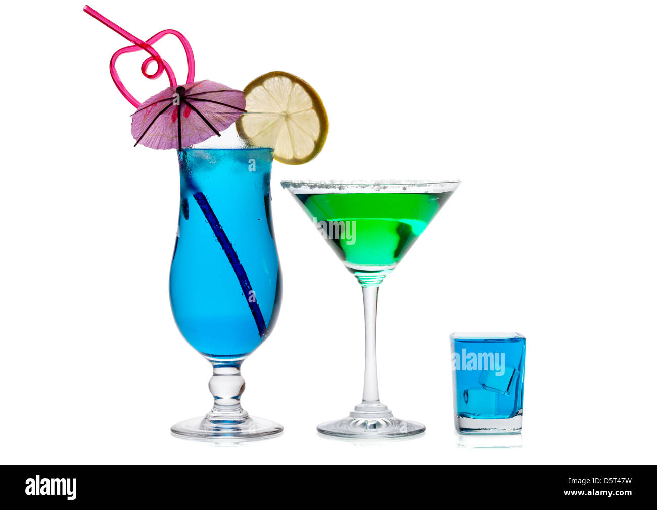 Laguna Blu, Verde Vesper e Bombay Sapphire shot isolato su sfondo bianco Foto Stock