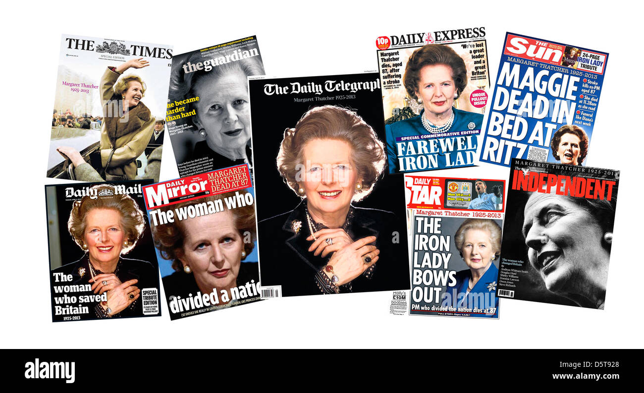 Quotidiano nazionale pagine anteriori Notifica del decesso dell'ex primo ministro britannico Margaret Thacher. Dal 9 aprile 2013. James Boardman / Alamy Live News Foto Stock