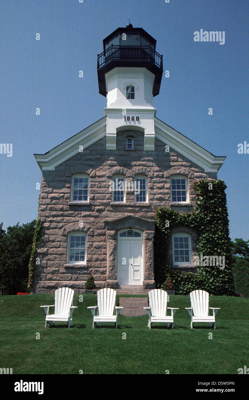 Sheffield Island Lighthouse Norwalk Connecticut 1827,faro,tre sedie a sdraio, Lighthouse, il faro luce,Connecticut, Foto Stock