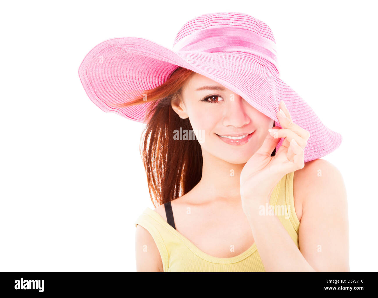 Sorridente estate donna isolato su bianco Foto Stock