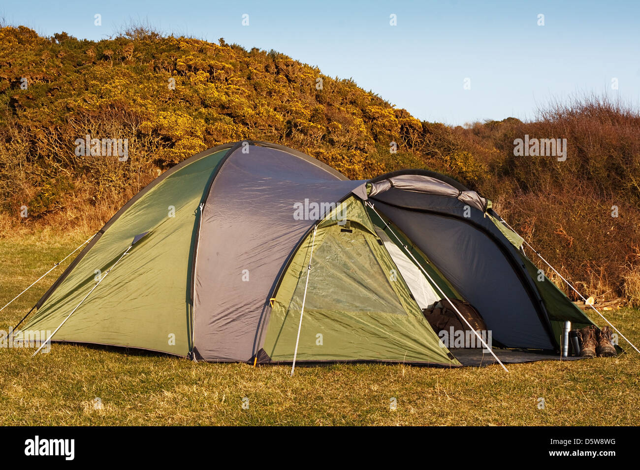 Tenda a cupola si accamparono nel campo per il campeggio selvaggio in grandi spazi aperti con sportello anteriore aperto che mostra interno Foto Stock