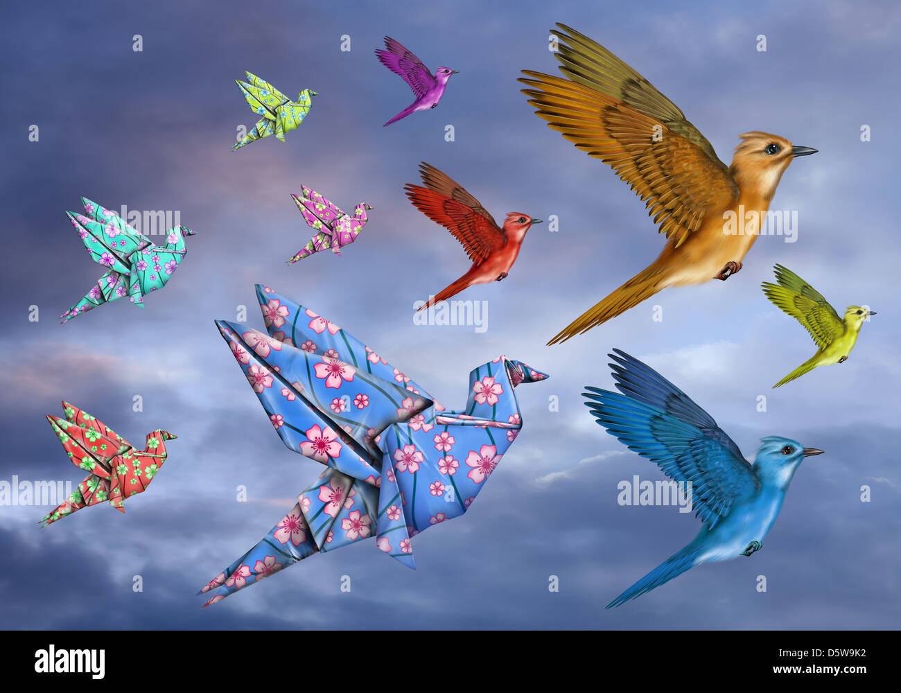 Origami e uccelli stilizzati volando attraverso il cielo Foto Stock