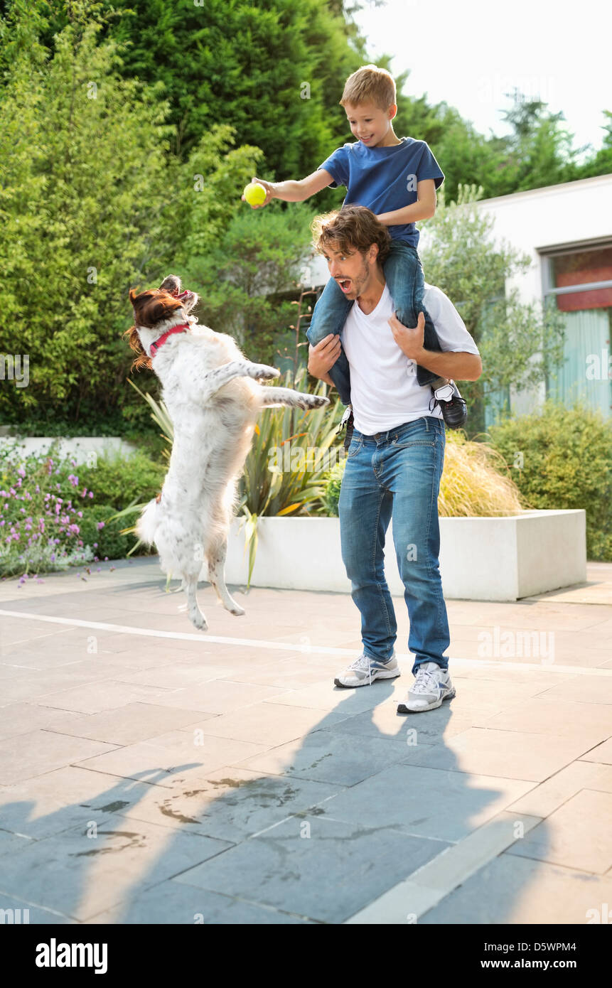 Padre e figlio giocando con il cane all'aperto Foto Stock