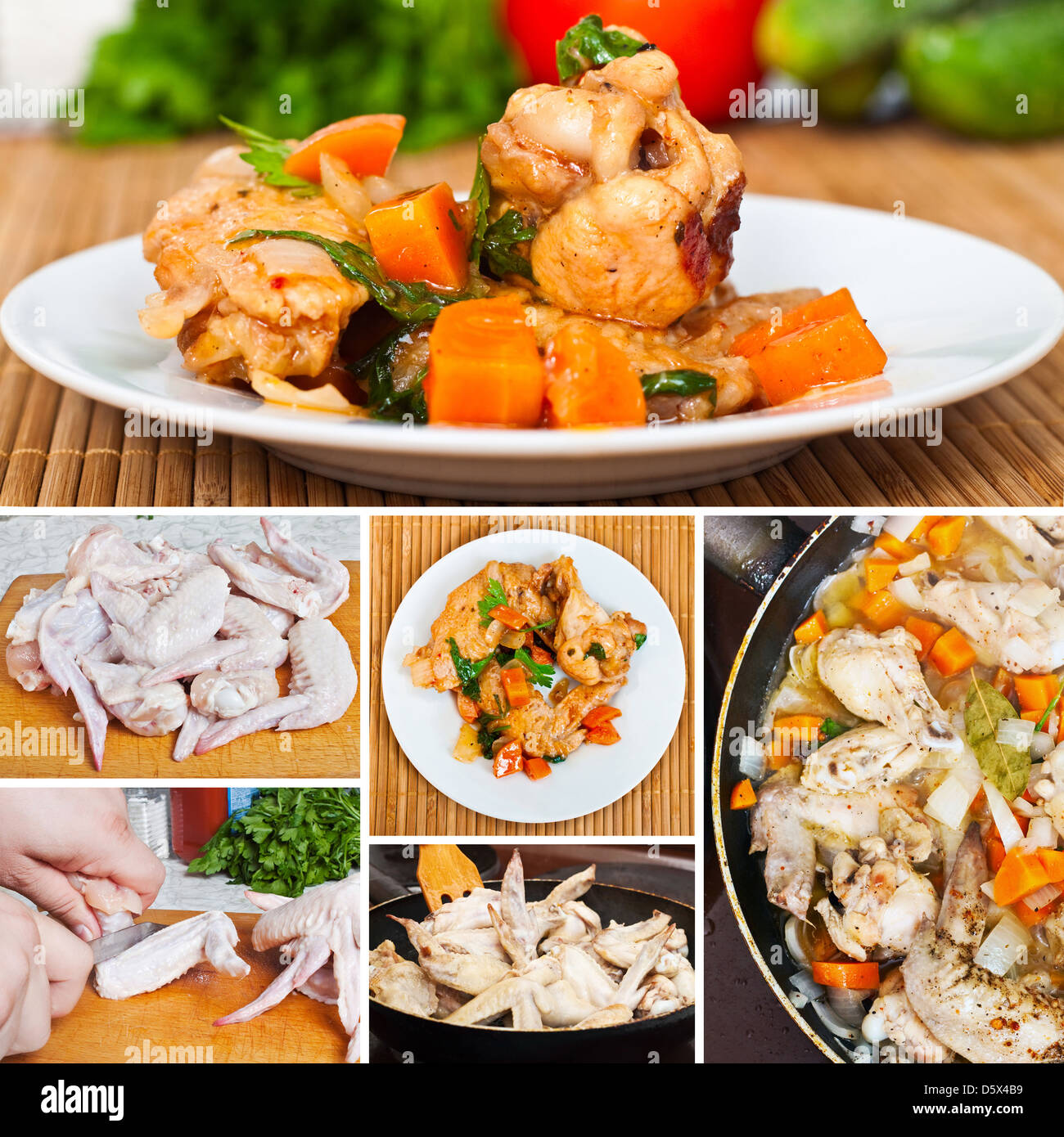 Alette di pollo fritte con verdure decorate con prezzemolo Foto Stock