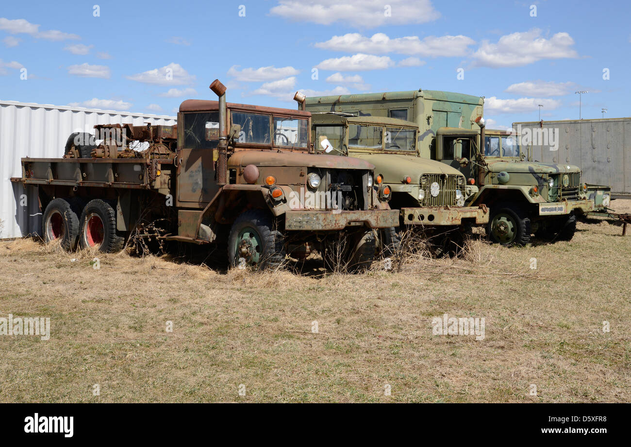 Tre esercito di vecchi veicoli parcheggiati in un campo di erba. Foto Stock