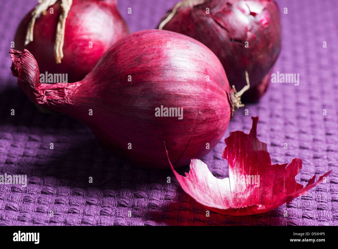 Le cipolle rosse su viola panno della tabella Foto Stock