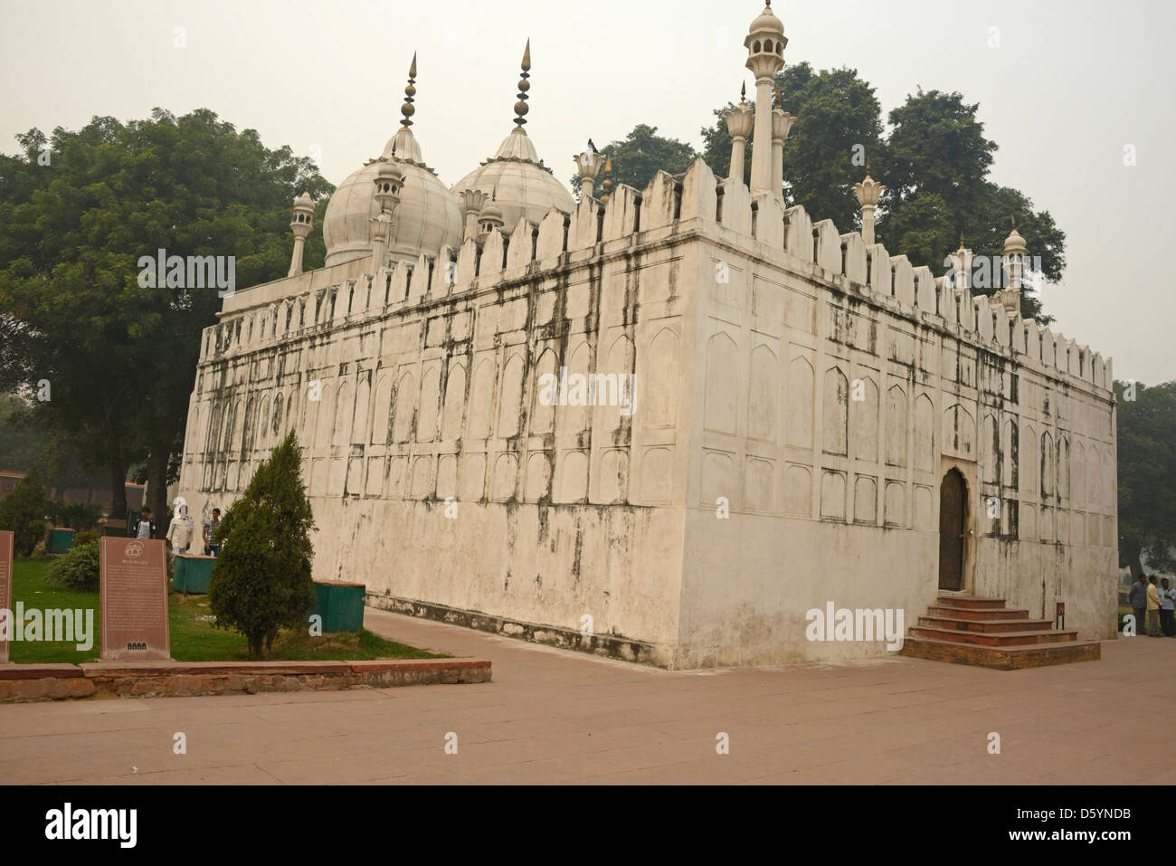 La moschea a tre cupole di marmo bianco del Moti Masjid sui terreni del Forte Rosso nella vecchia Delhi, India Foto Stock