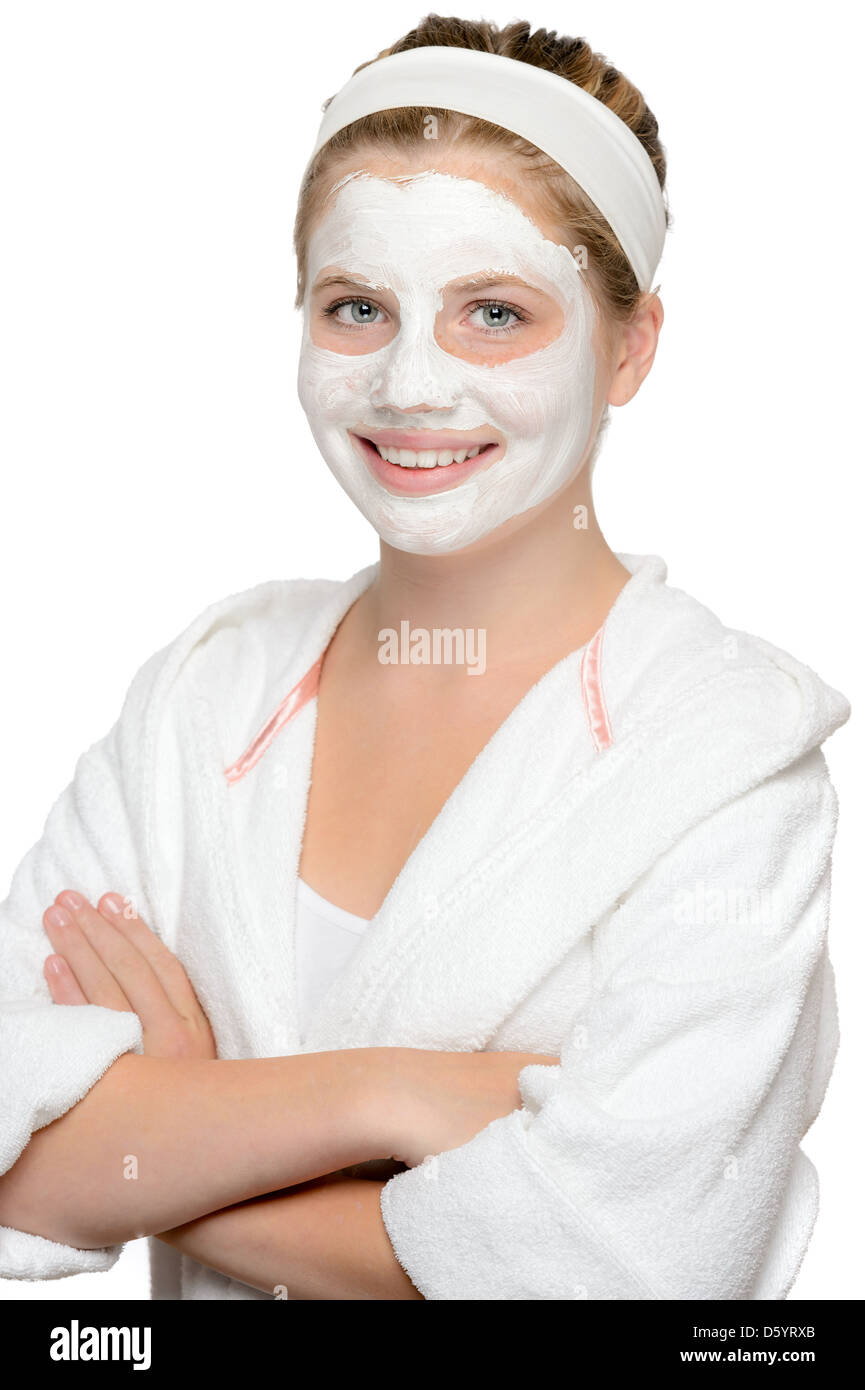 Sorridente ragazza maschera facciale in attesa di trattamento di bellezza Foto Stock