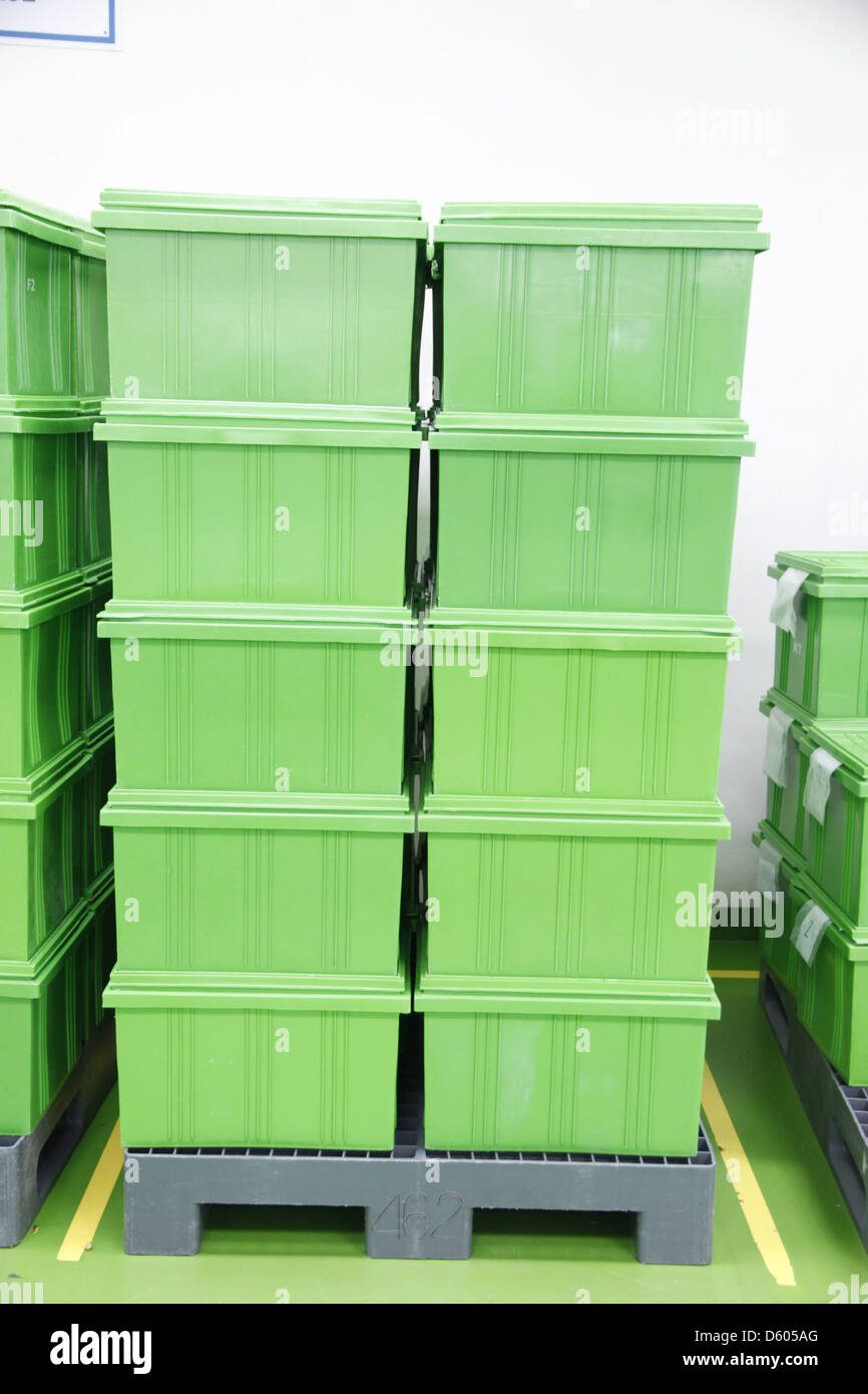 Il Green box di plastica prodotti in fabbrica industriale. Foto Stock