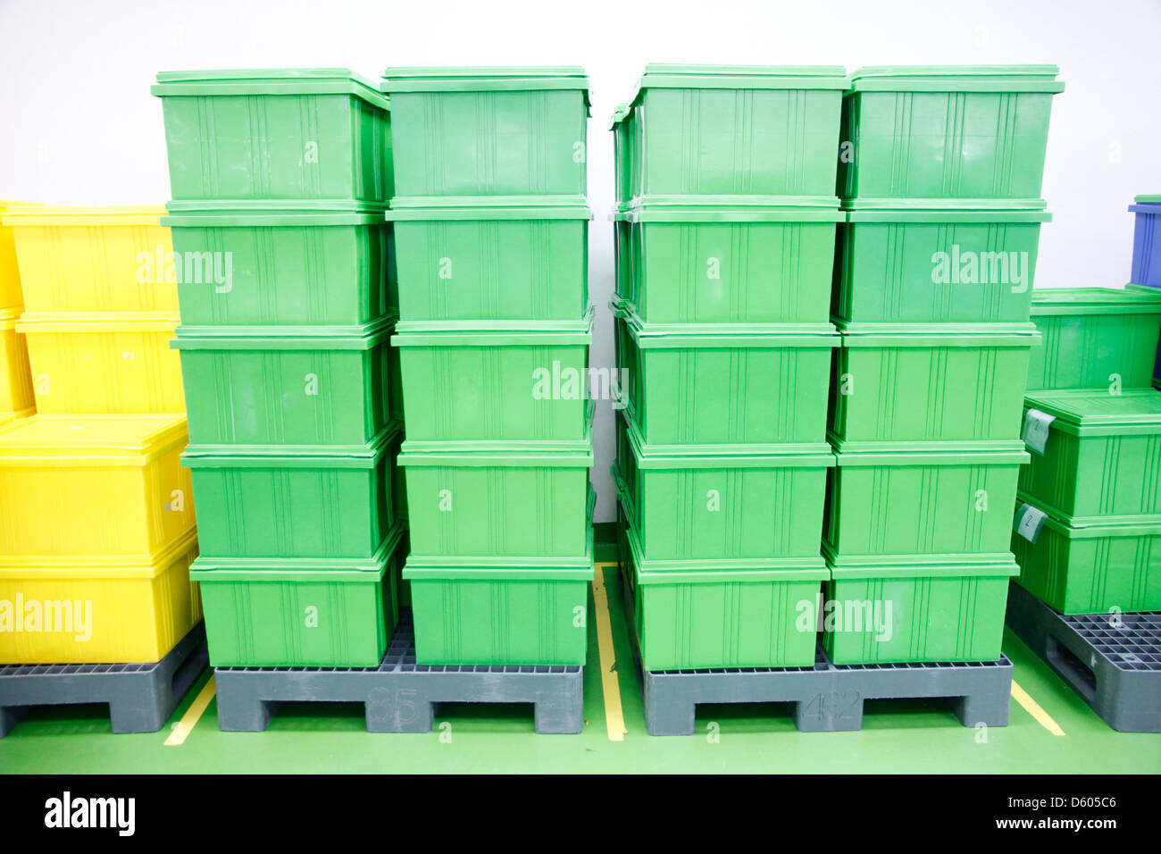 Il Green box di plastica prodotti in fabbrica industriale. Foto Stock