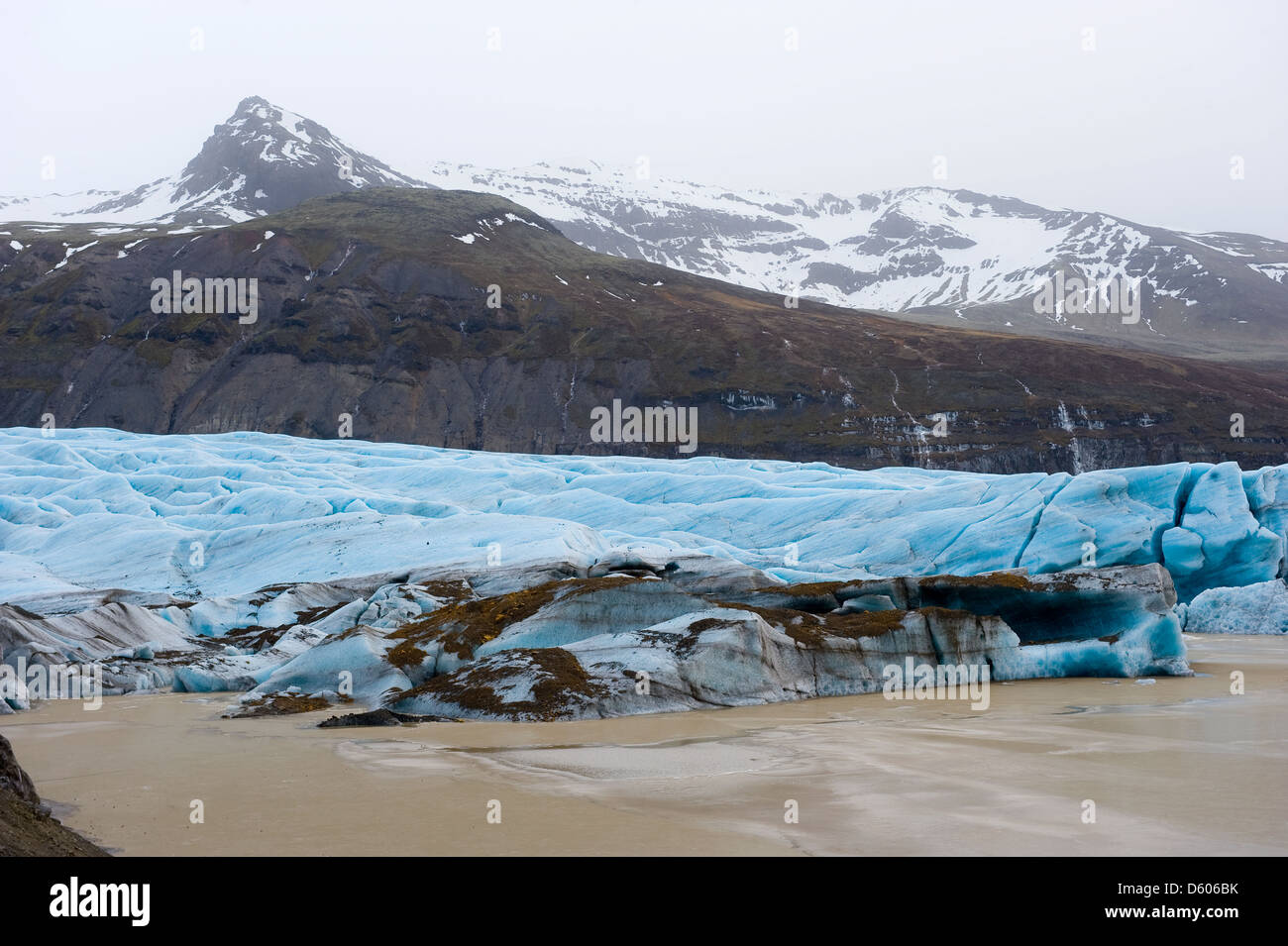 Il blu ghiaccio del ghiacciaio Skaftafellsjokull in Islanda che termina in un lago Foto Stock
