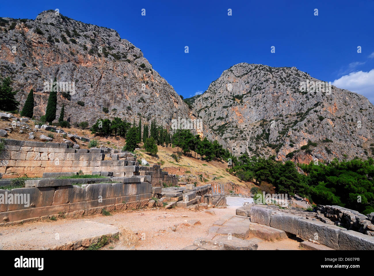 Sito dell'oracolo di Delfi, antica pietra miliare della Grecia Foto Stock