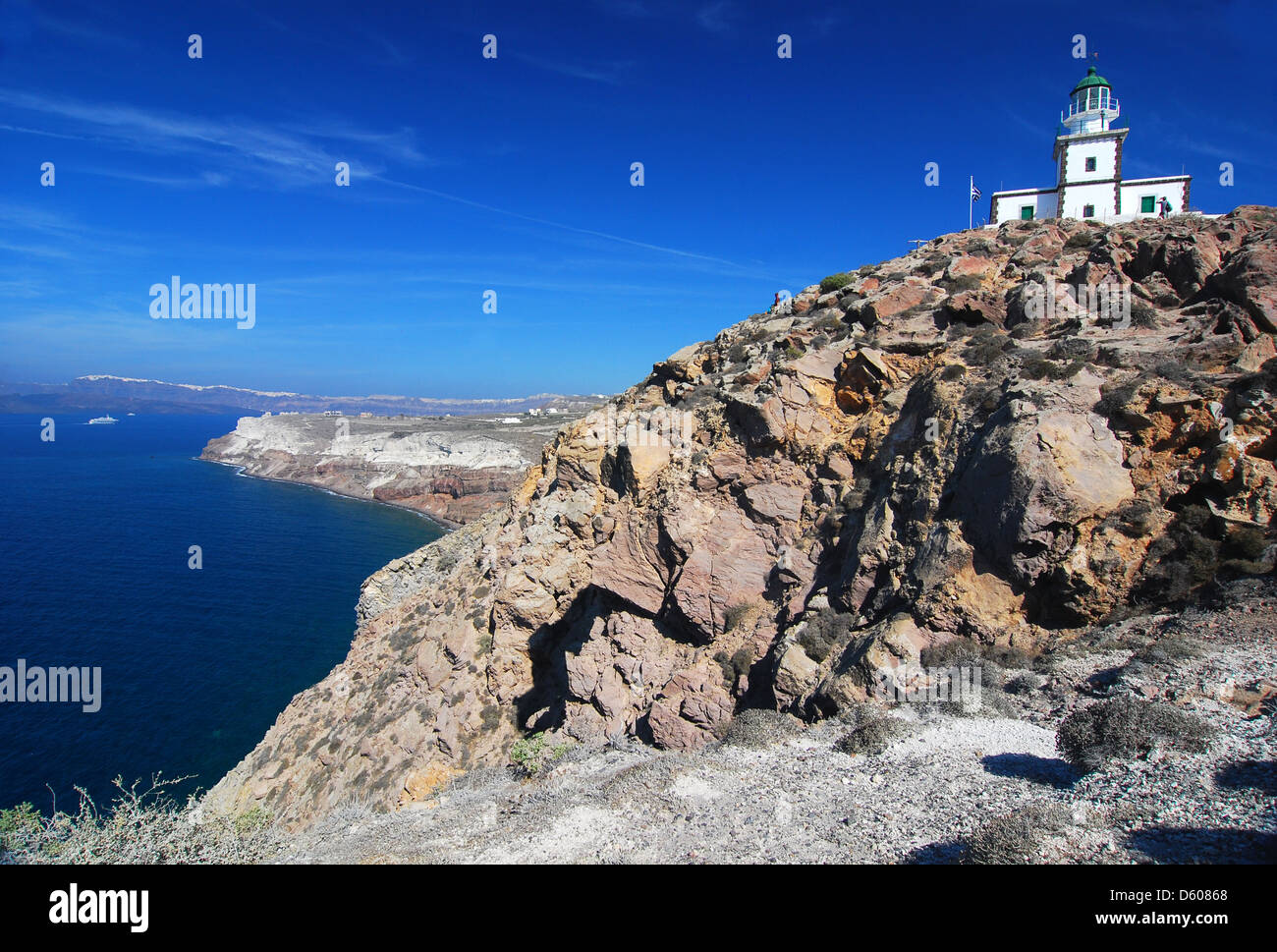 Faro di Santorini isola del Mar Egeo, Grecia Foto Stock