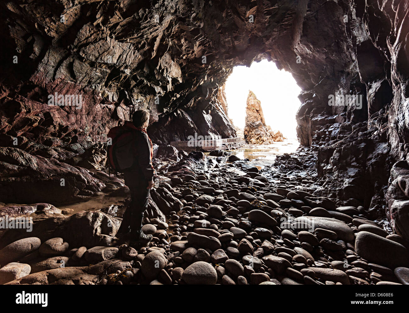 Plemont Grotta e ago Rock, Jersey, Isole del Canale, REGNO UNITO Foto Stock