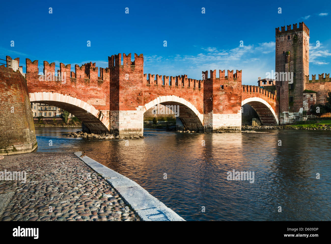 Vista del fiume Adige e medievale ponte in pietra del Ponte Scaligero di Verona, costruita nel XIV secolo nei pressi di Castelvecchio. L'Italia. Foto Stock