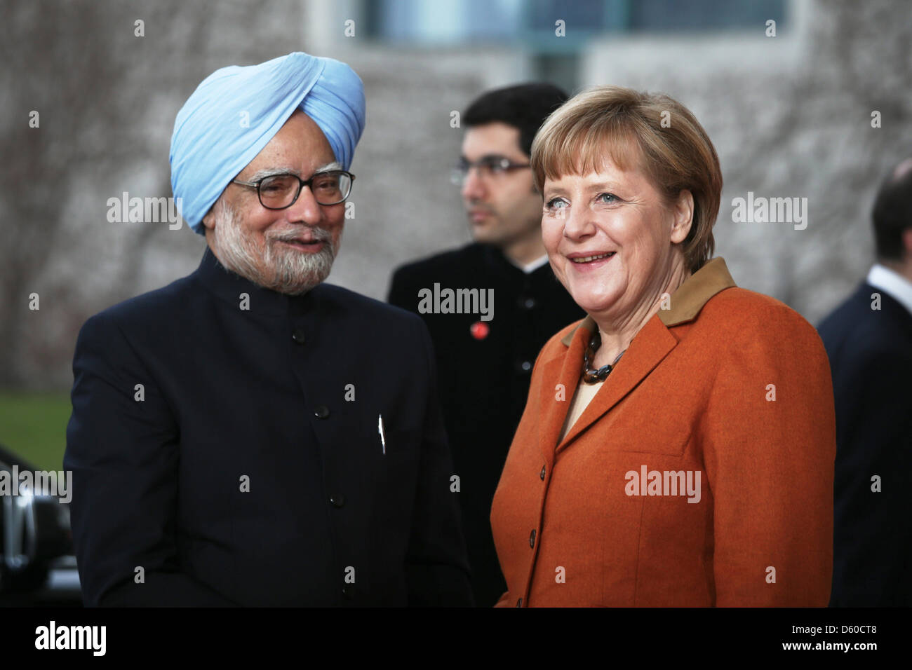 Germania, Berlino, 10 aprile 2013. Il cancelliere tedesco Angela Merkel si compiace Manmohan Singh, Primo Ministro indiano, per una cena in onore del Primo Ministro indiano Manmohan Singh presso la cancelleria di Berlino. Il secondo governo Indian-German consultazioni abbiano luogo nei prossimi giorni a Berlino. Foto Stock