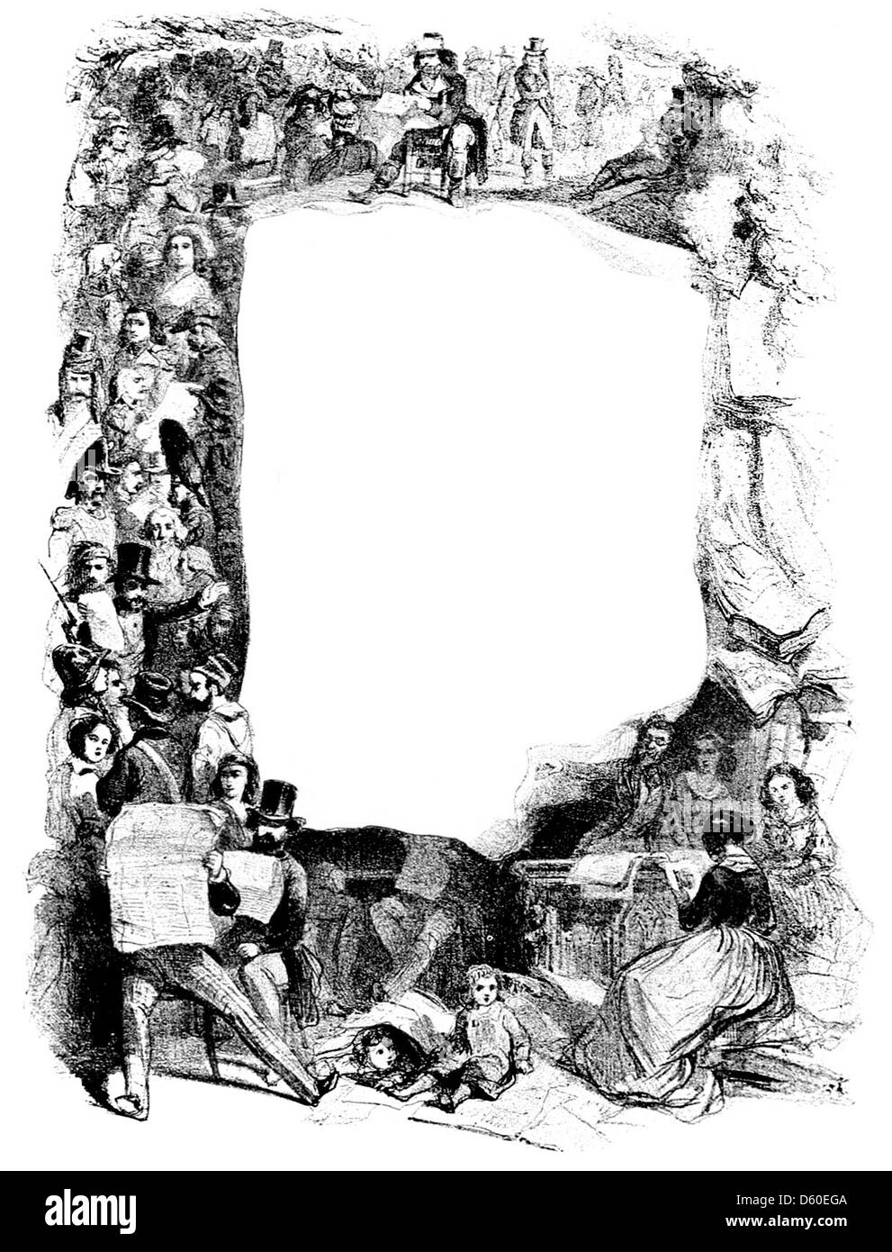 Questa immagine presenta un bordo che include illustrazioni di bambini, uomini e donne, creando una cornice decorativa intorno agli elementi centrali. Il design riflette gli stili artistici e culturali del tempo, incorporando figure umane nella decorazione ornamentale. Foto Stock