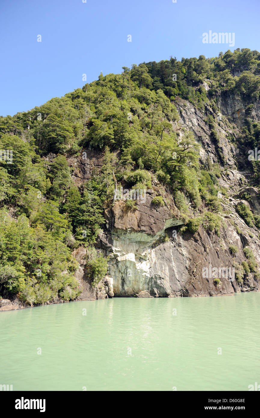 Le acque verdi del Lago Frias parte del circuito Cruce Andino, un traghetto e autobus attraversamento delle Ande Foto Stock