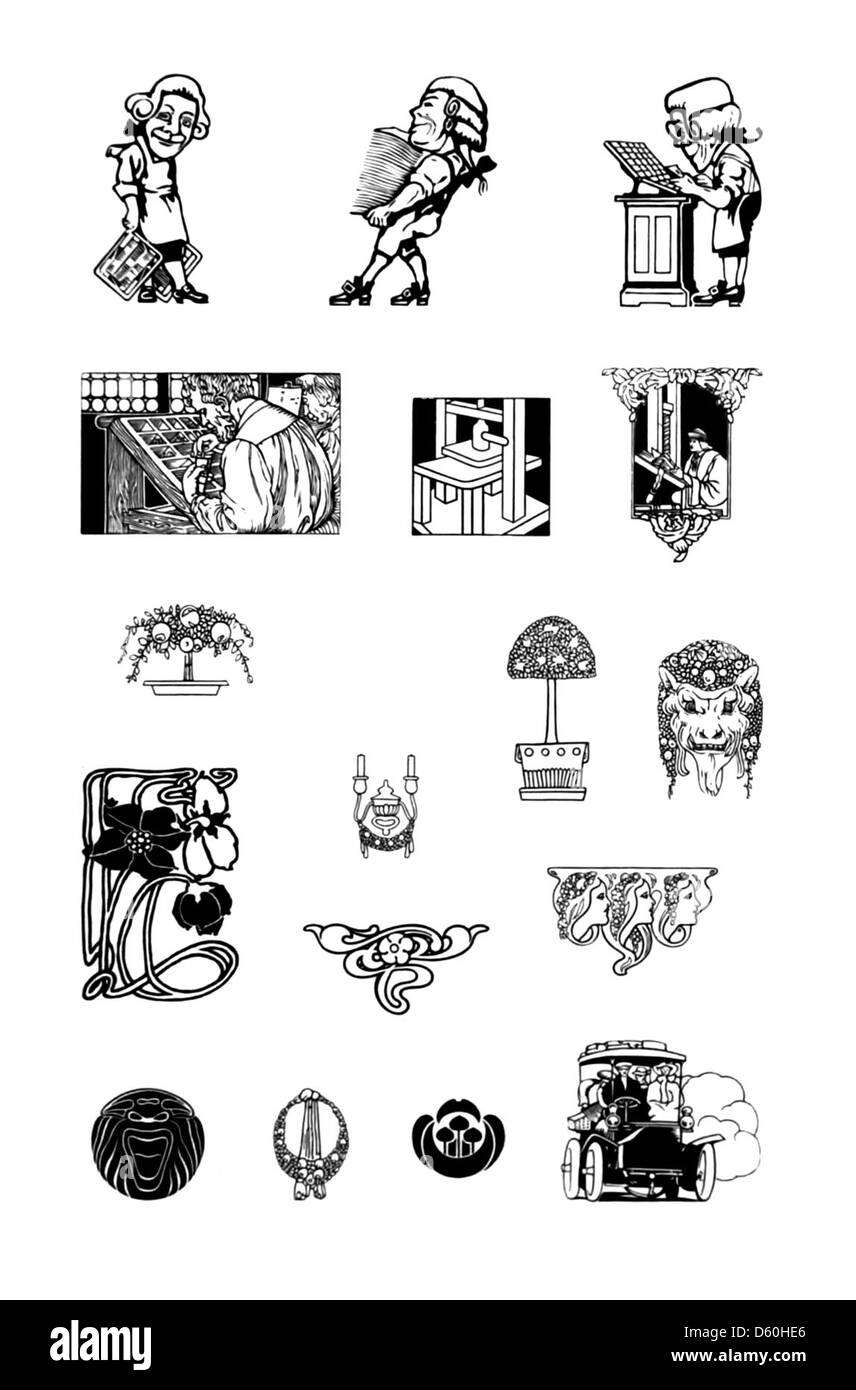 Un'immagine del 1912 "American Specimen Book of Type Styles", che mostra vari macchinari di stampa e stili di tipo utilizzati all'inizio del XX secolo. Il catalogo evidenzia i materiali di consumo e il design tipografico. Foto Stock