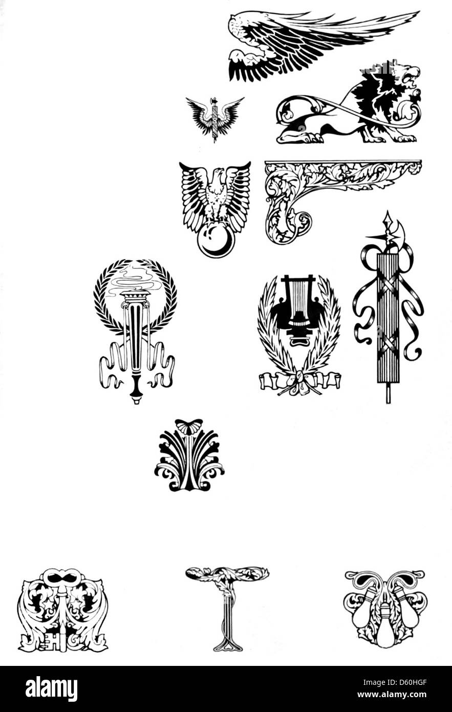 Un'immagine del 1912 *American Specimen Book of Type Styles*, che mostra vari tipi di dingbat. Il catalogo mostra una collezione completa di materiali di stampa e caratteri, compresi elementi decorativi come i dingbat, utilizzati nella stampa e nella progettazione dei primi anni del XX secolo. Foto Stock