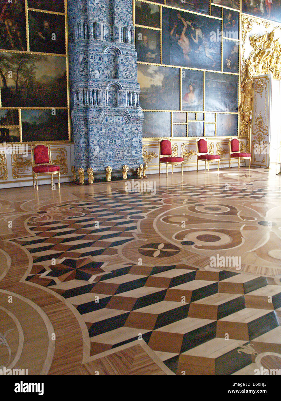 Gli intricati disegni dei pavimenti in parquet di Palazzo di Caterina,Tsarskoe Selo Foto Stock