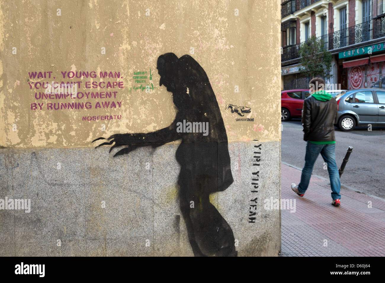Graffiti circa la disoccupazione su una parete in Spagna Foto Stock