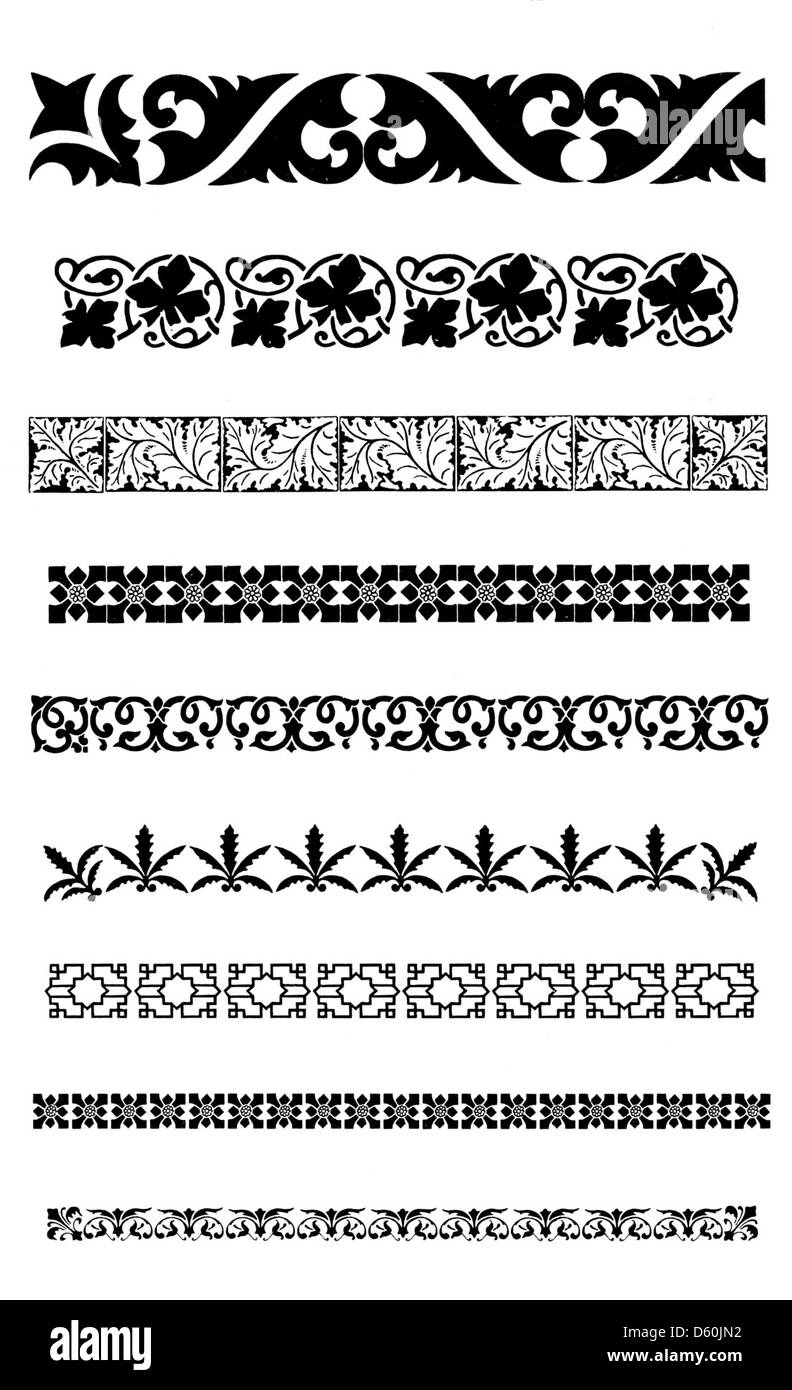 Un catalogo del 1897 che mostra campioni di vari tipi di materiali di stampa, tra cui bordi, ornamenti, righelli in ottone e tagli. Questo catalogo è stato utilizzato per illustrare i macchinari e i materiali di stampa disponibili all'epoca. Foto Stock