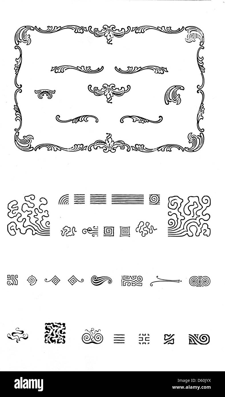 Un catalogo del 1897 che mostra vari tipi di esemplari, bordi, ornamenti e regole di ottone utilizzate nella stampa, evidenziando la tipografia e gli elementi di design utilizzati nella produzione e nella stampa di libri durante la fine del XIX secolo. Foto Stock