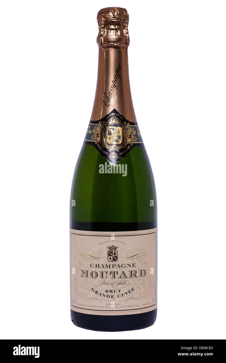 Una bottiglia di Champagne Moutard su sfondo bianco Foto Stock