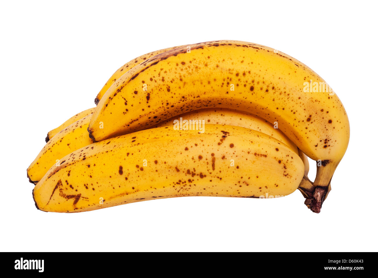 Un grappolo di banane mature su sfondo bianco Foto Stock