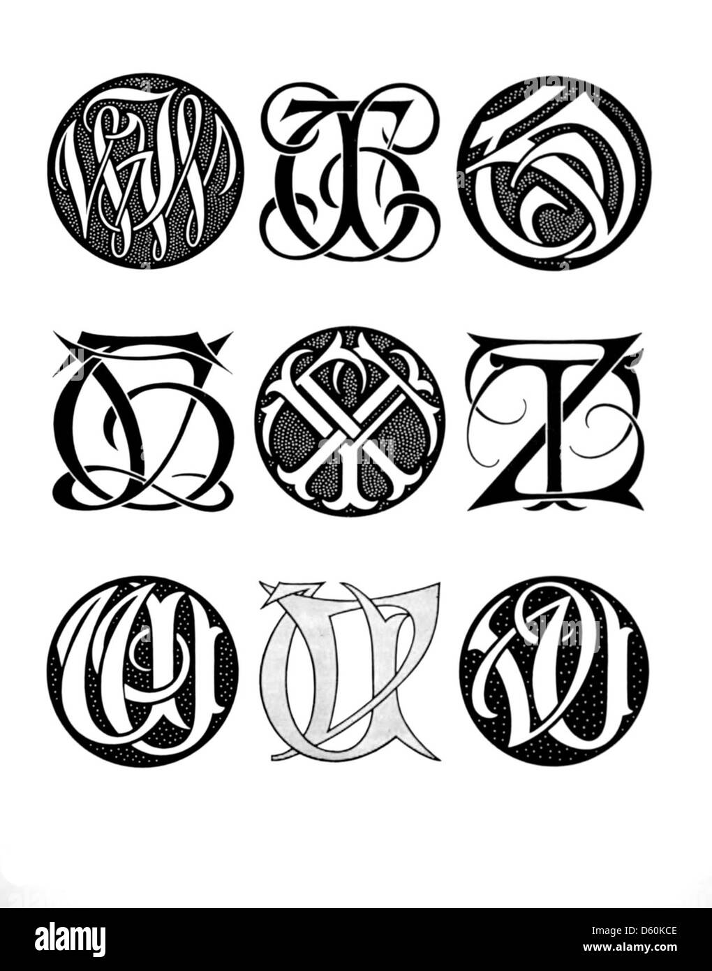 Un libro del 1906 con diversi monogrammi e cifrari, che mostra caratteri e iniziali diversi. L'opera mette in risalto l'arte di creare simboli personalizzati e tipografia decorativa, spesso utilizzata per stemmi e emblemi familiari. Foto Stock