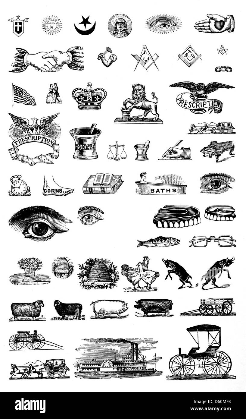 Questa immagine è tratta da un catalogo del 1897 che descrive i macchinari per la stampa, gli esemplari tipo, i bordi ornamentali e le regole in ottone utilizzate nella produzione di materiali stampati durante la fine del XIX secolo. Mostra gli elementi tecnici e artistici delle pratiche di stampa del tempo. Foto Stock