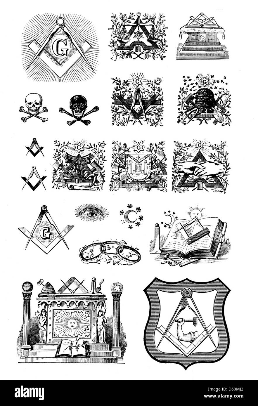 Un'illustrazione dal catalogo 1897 di macchine e materiali per la stampa, che mostra vari esemplari di tipo, bordi e disegni ornamentali utilizzati nell'industria della stampa durante la fine del XIX secolo. Il catalogo mette in evidenza gli strumenti e gli elementi decorativi dell'epoca. Foto Stock