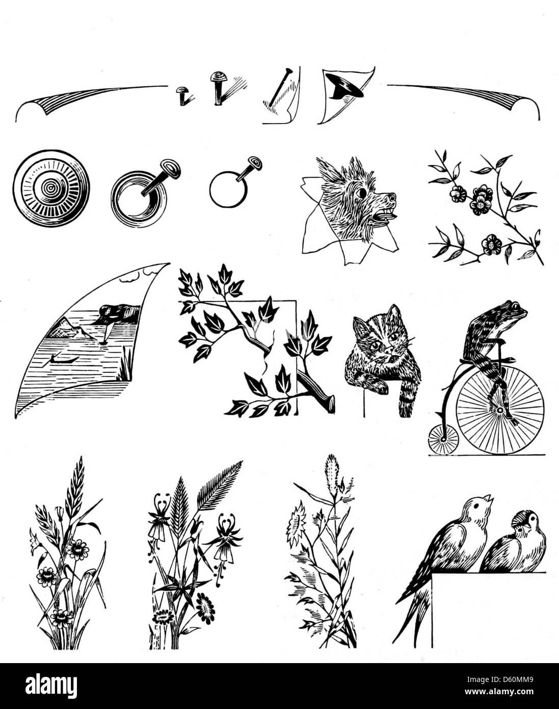 Un'immagine da un catalogo 1897 che mostra vari tipi di campioni, bordi, ornamenti e materiali di stampa. Include elementi decorativi come gatti, cani, edera e disegni di grano utilizzati nella stampa e tipografia. Foto Stock