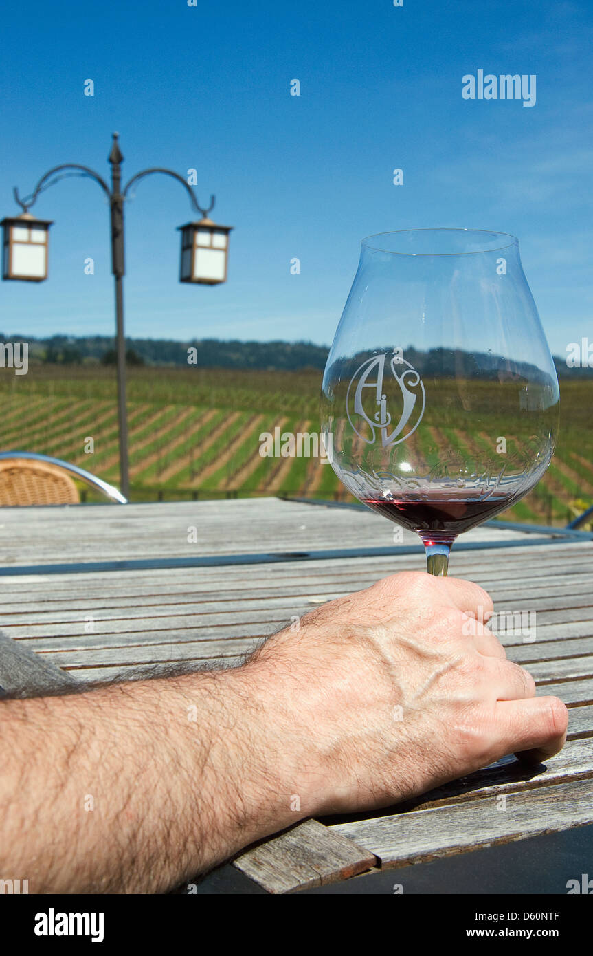 Un patrono gustando un bicchiere di vino e la vista a Adelshiem vigne nella Willamette Valley, Oregon una gita di un giorno da Portland. Foto Stock