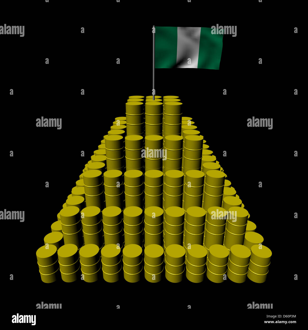 Pila di barili di petrolio con bandiera nigeriana illustrazione Foto Stock