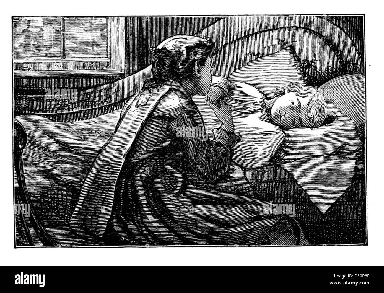 Un'illustrazione del 1882 tratta da "A Book About Baby", che mostra i primi anni di sviluppo dell'infanzia. L'immagine ritrae una tenera scena di un bambino nelle sue prime fasi, concentrandosi sull'innocenza e sulle cure durante l'infanzia. Foto Stock