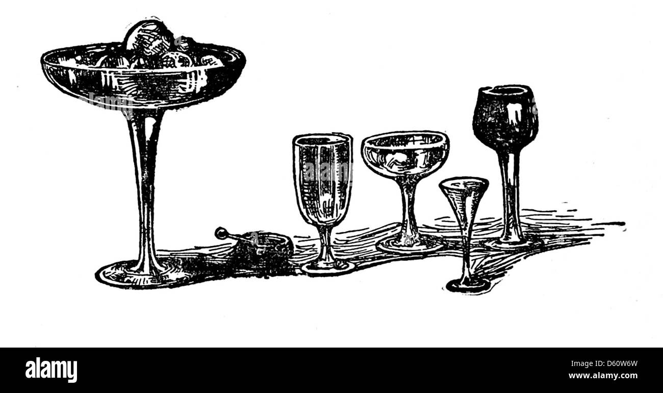 Questa immagine presenta una collezione di bevande alcoliche in una credenza di scapolo, un riferimento a un libro o guida sulle bevande alcoliche. L'immagine potrebbe mostrare vari tipi di liquori, vini o cocktail, riflettendo la cultura e le preferenze del bere del XIX secolo. Foto Stock